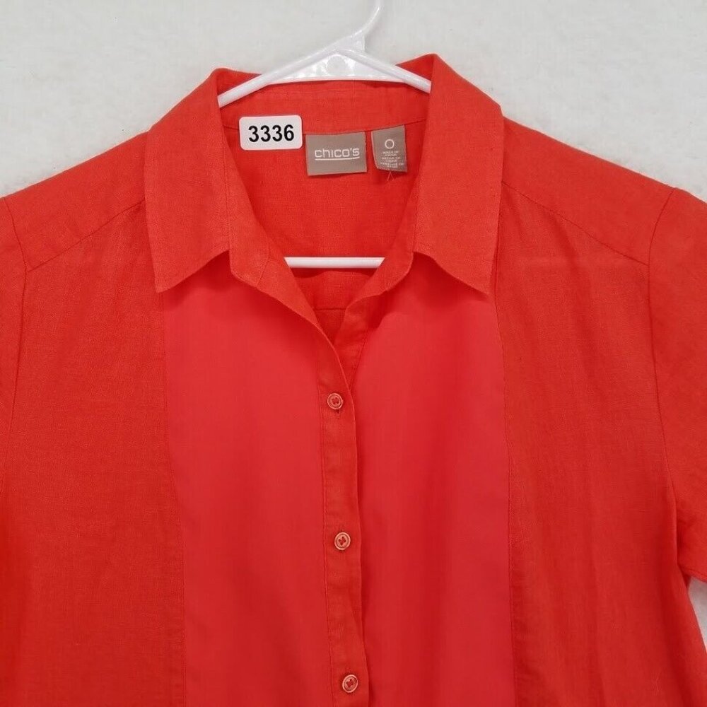 Chicos Shirt Womens Small Button Up Blouse Orange Short Sleeve Linen Blend - Picture 2 of 9
